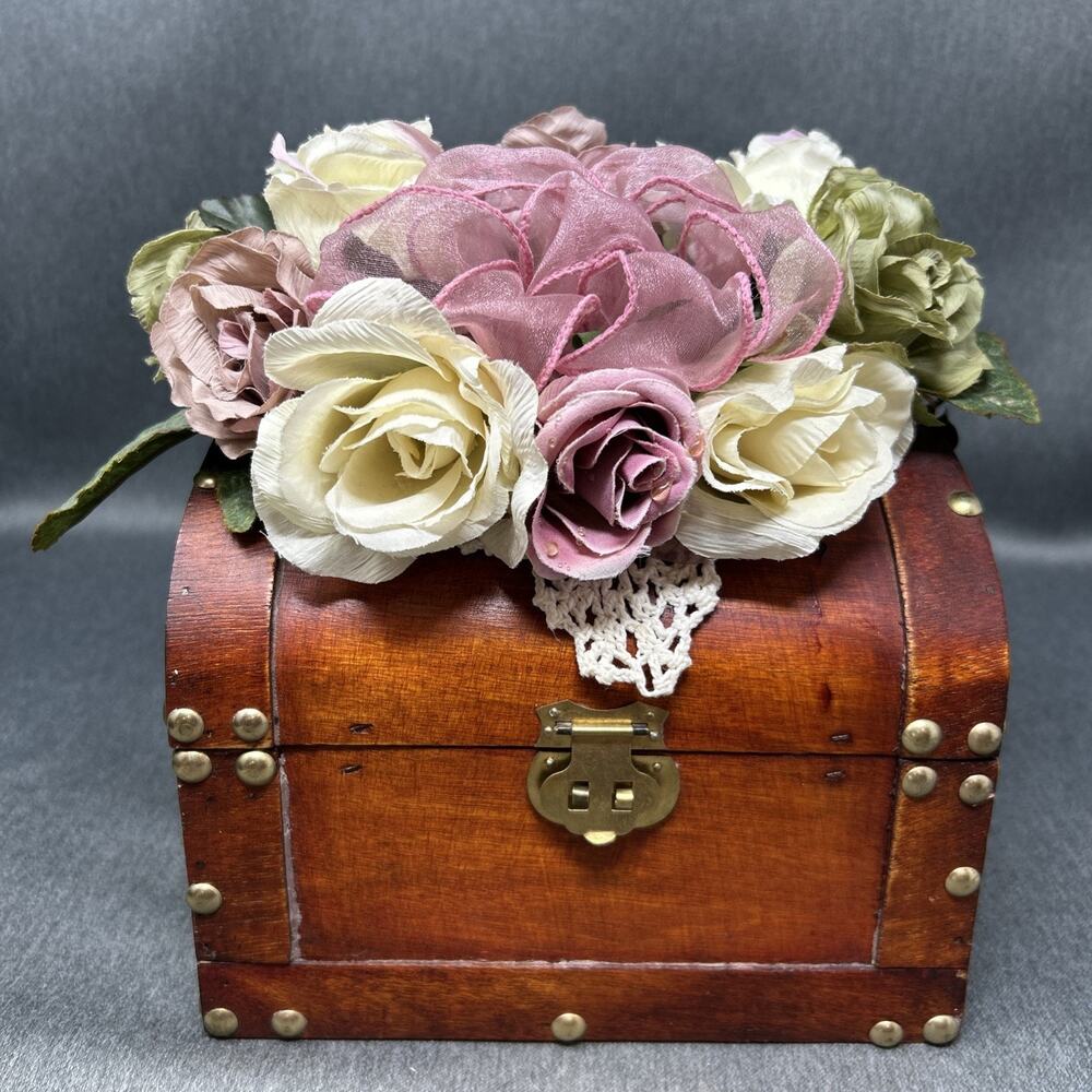 Wedding Treasure Box Pink Ivory Floral Arrangment on Lid Small Storage Container